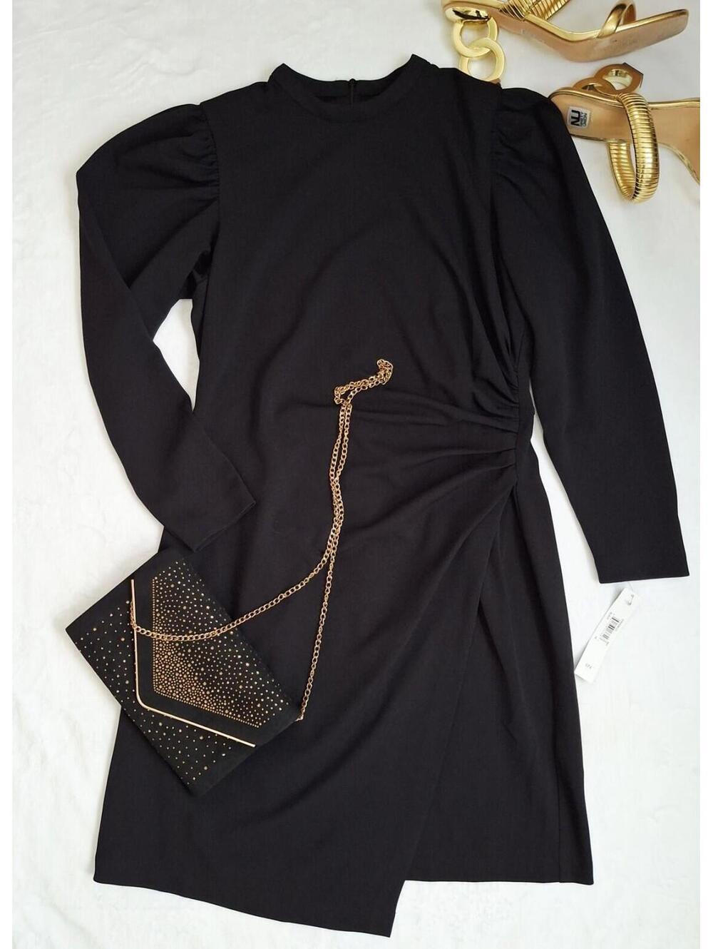 Clover & Sloane Blk Long Sleeve Mock Neck Side Ruched Asym Hem Women's Dress 10 - Picture 2 of 9